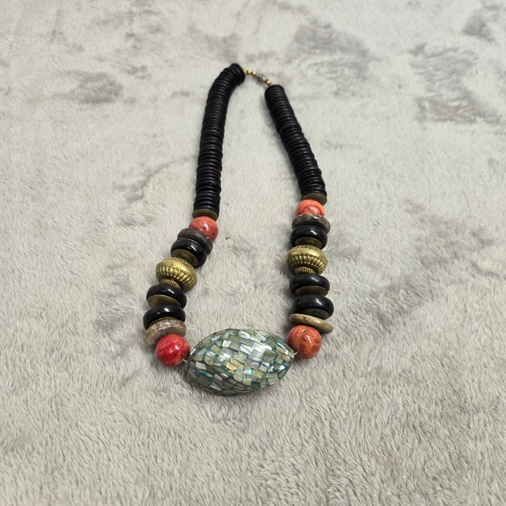 Boho Chunky Abalone Shell Mosaic Wood Stone Bead Necklace 19 Inch
